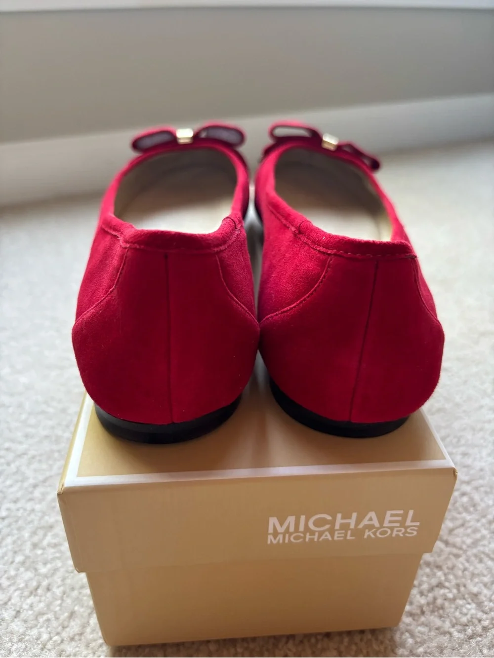 New! Michael Kors Red Suede Bow Flats with Gold Accent